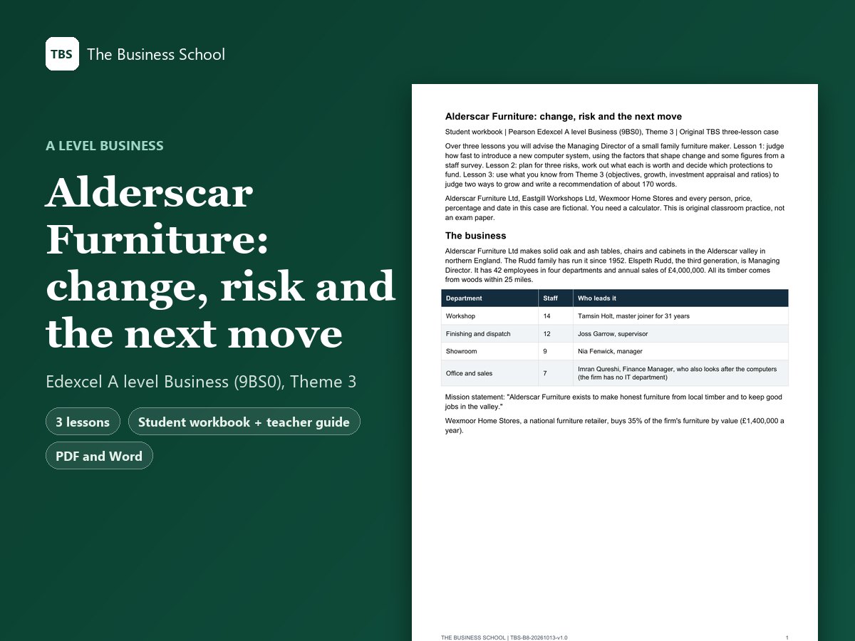 Cover: Alderscar Furniture: change, risk and the next move, the first page of the student workbook