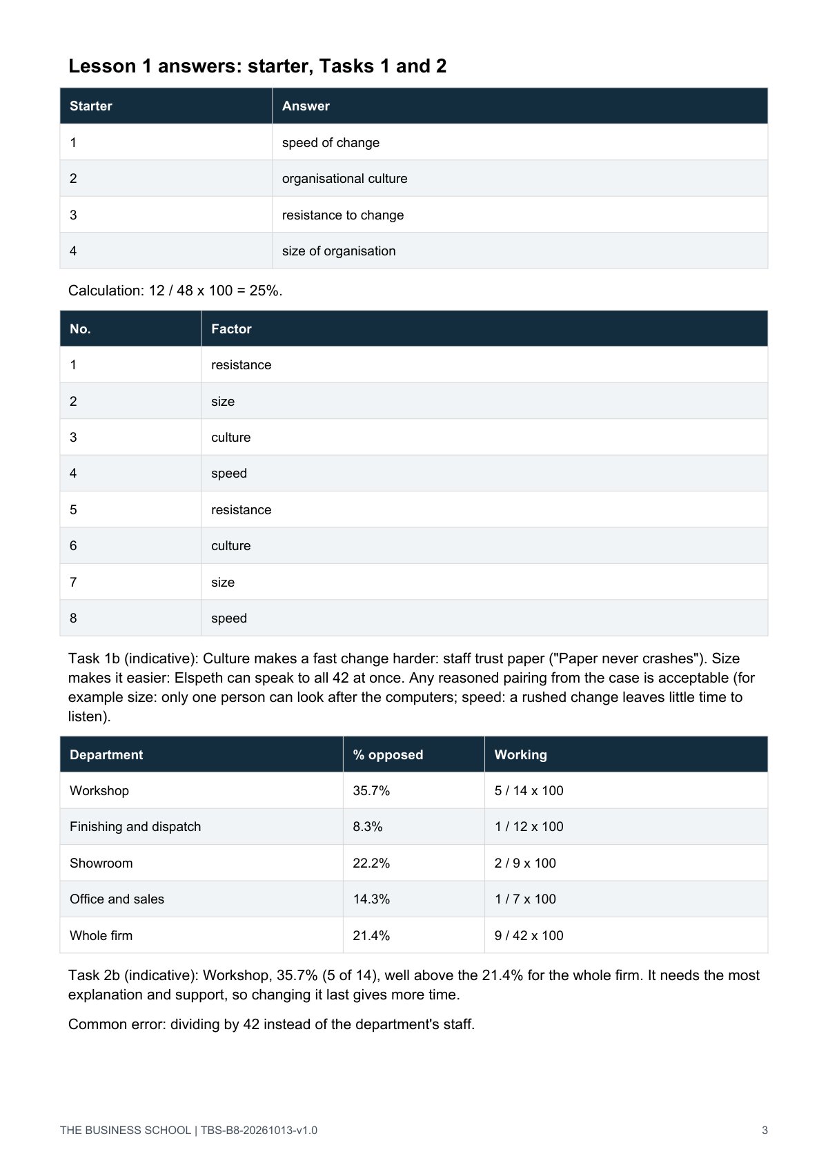 Teacher guide, page 3: Lesson 1 answers (starter, Tasks 1 and 2)