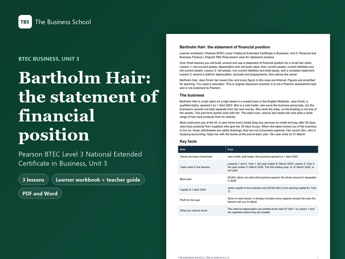 Cover: Bartholm Hair: the statement of financial position, the first page of the learner workbook