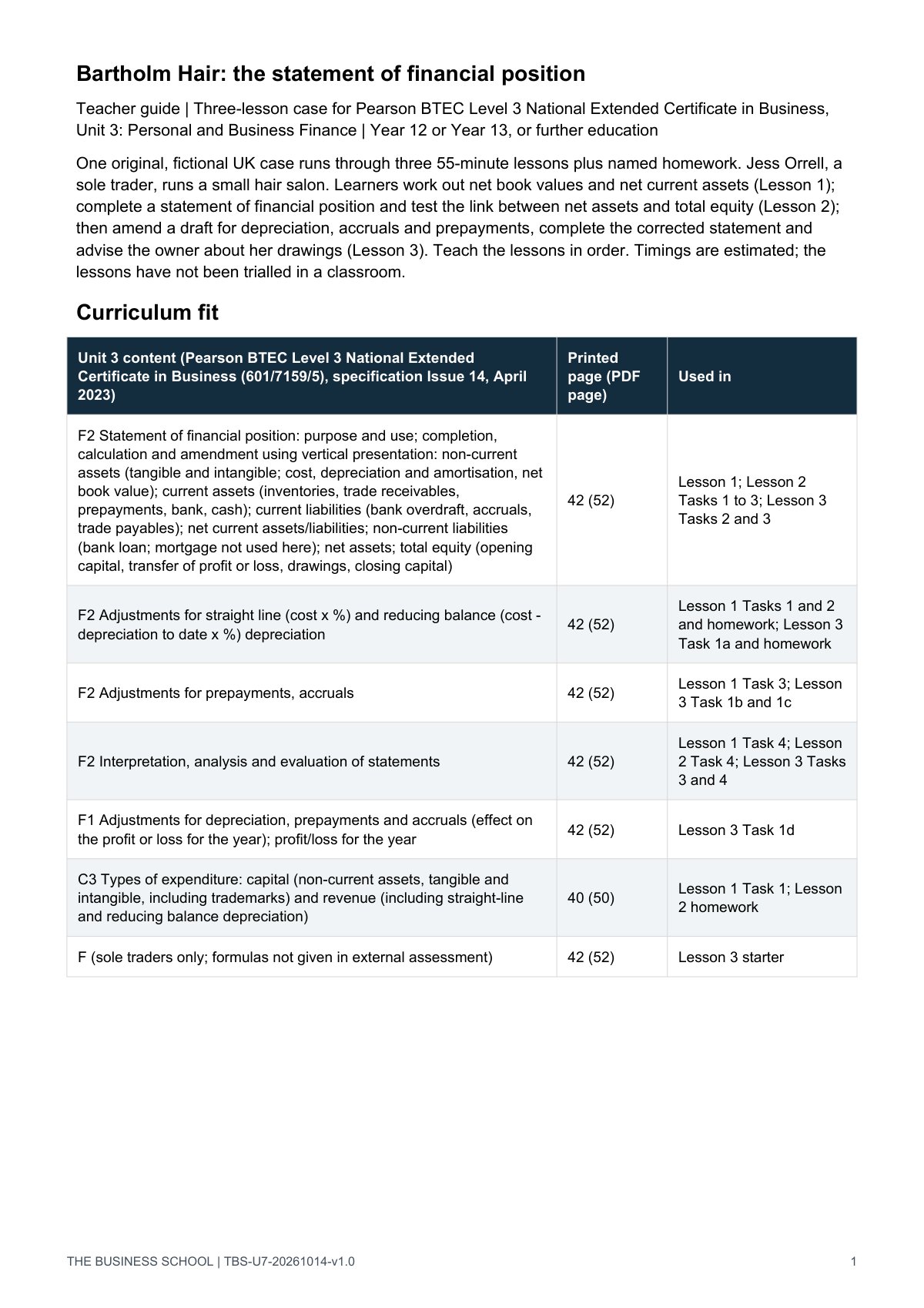 Teacher guide, page 1: curriculum fit