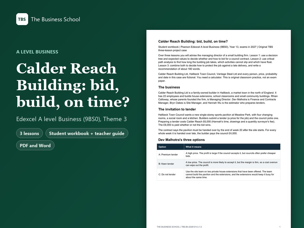 Cover: Calder Reach Building: bid, build, on time?, the first page of the student workbook