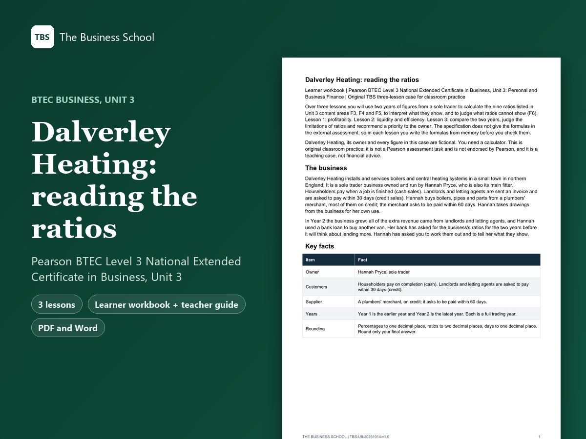 Cover: Dalverley Heating: reading the ratios, the first page of the learner workbook