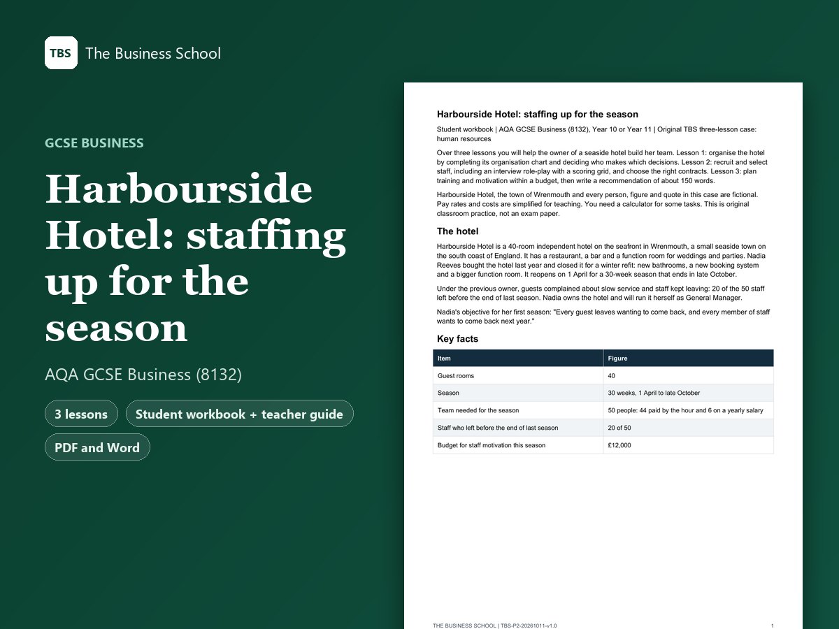 Cover: Harbourside Hotel: staffing up for the season, the first page of the student workbook