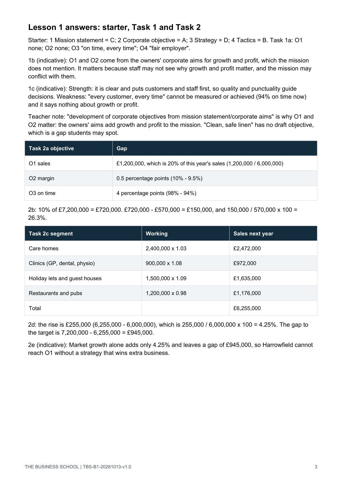 Teacher guide, page 3: Lesson 1 answers (starter, Tasks 1 and 2)