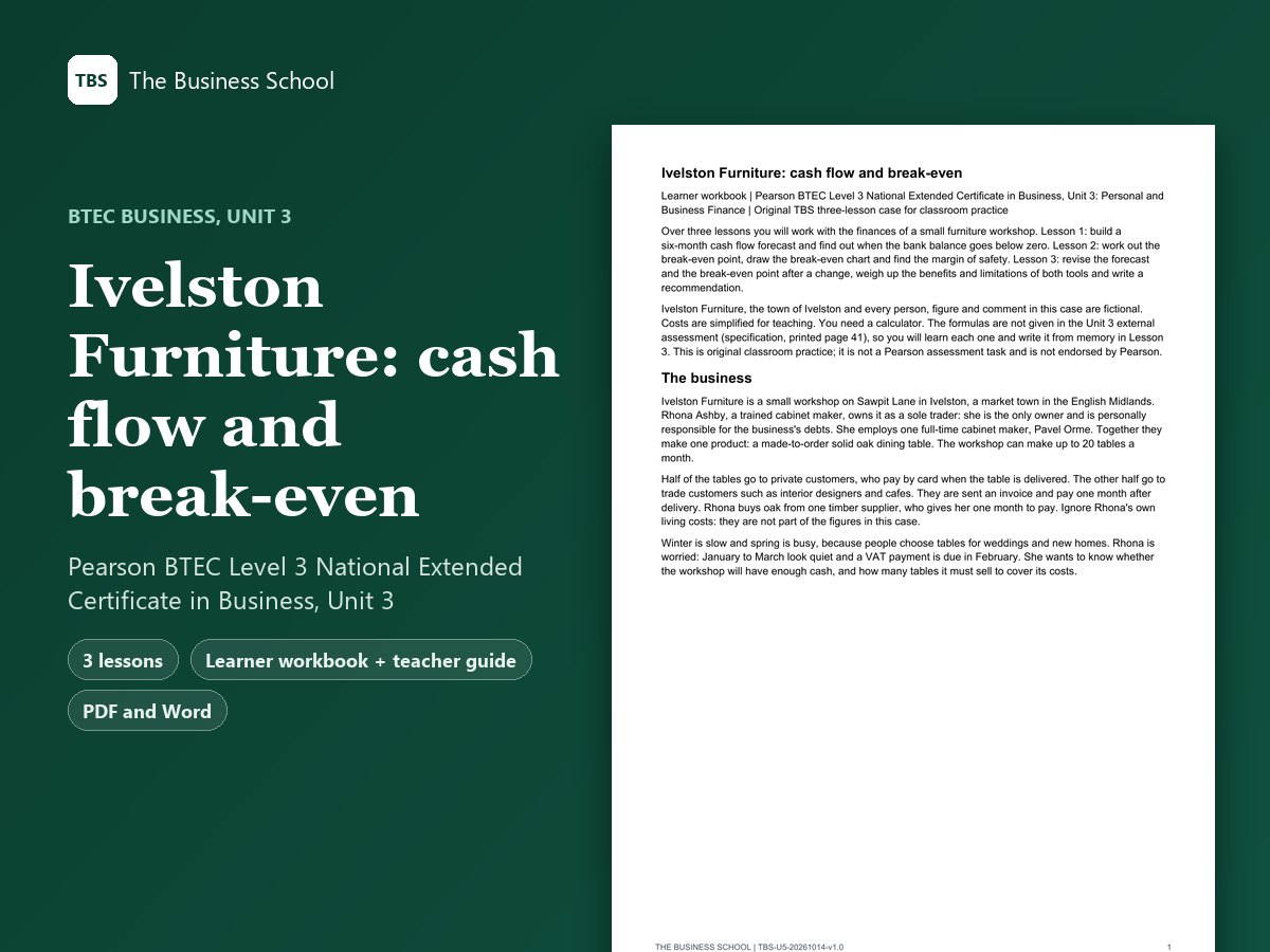 Cover: Ivelston Furniture: cash flow and break-even, the first page of the learner workbook
