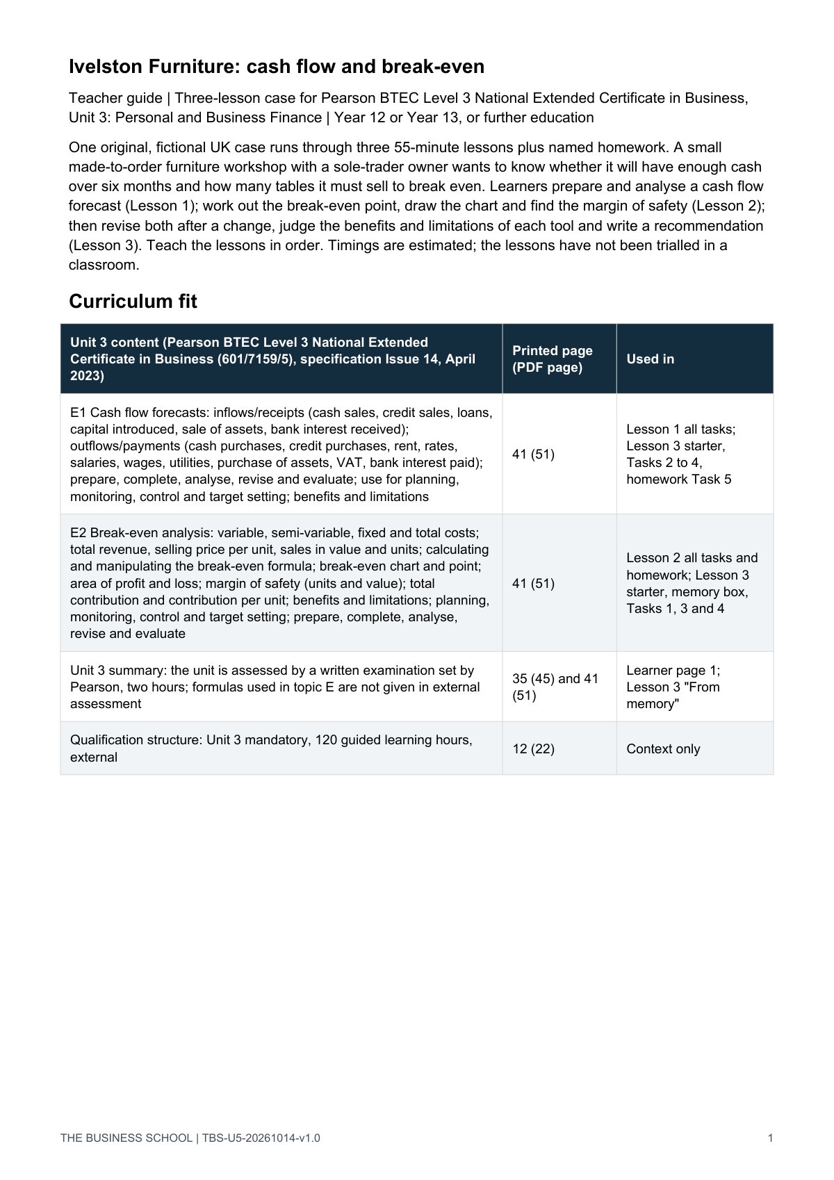 Teacher guide, page 1: curriculum fit