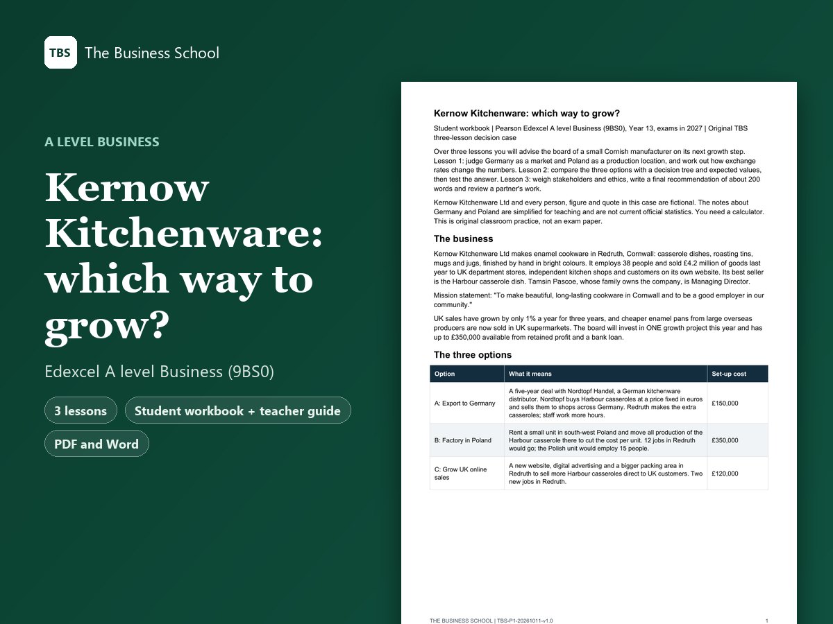 Cover: Kernow Kitchenware: which way to grow?, the first page of the student workbook