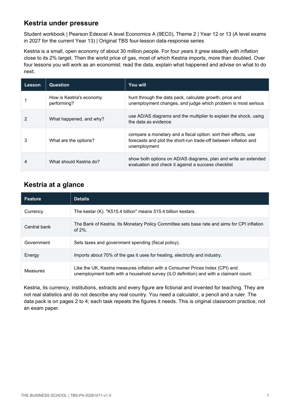 Page 1: the story, the four-lesson outline and Kestria at a glance