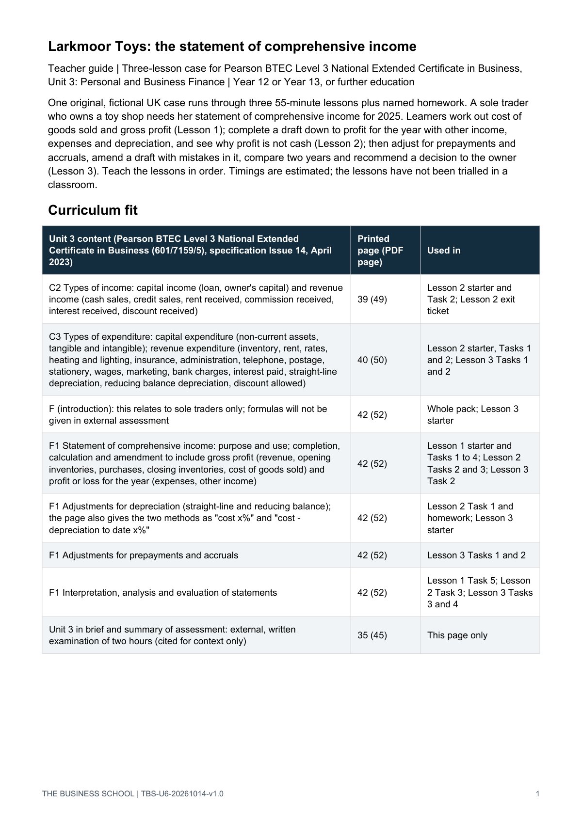 Teacher guide, page 1: curriculum fit