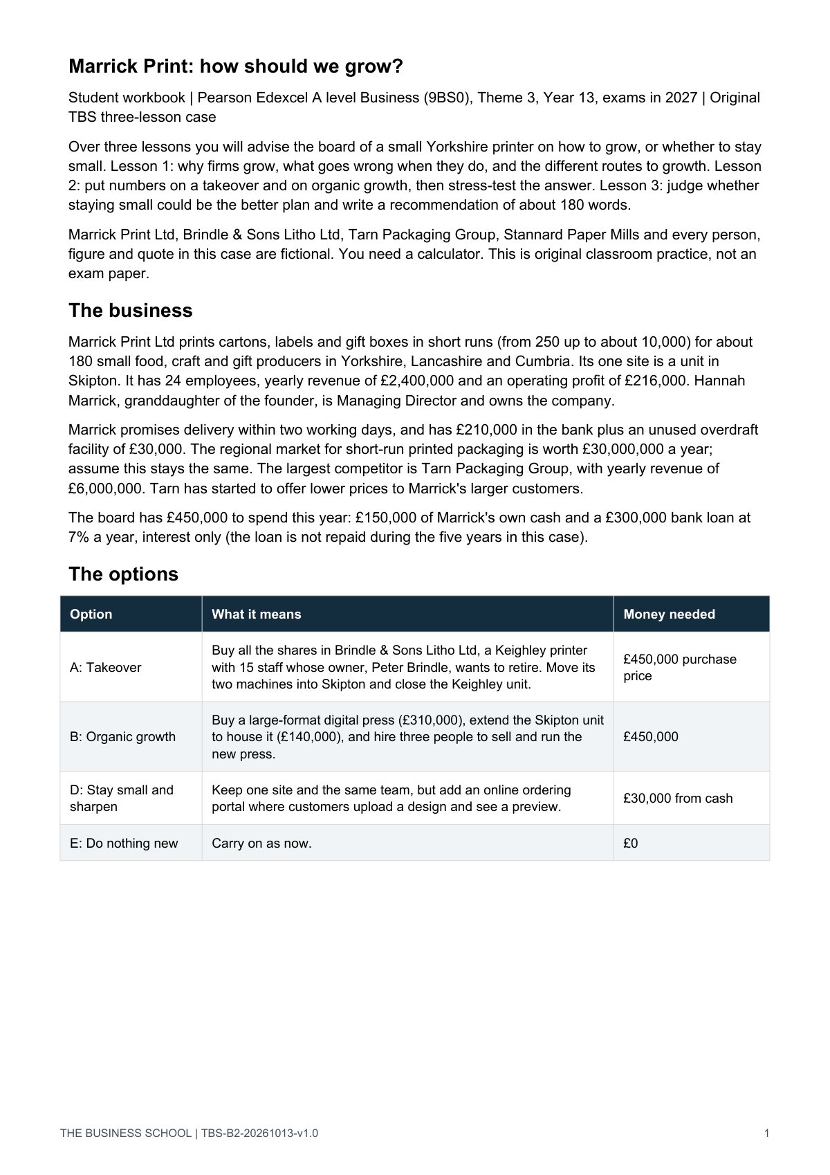 Page 1: the business and the options