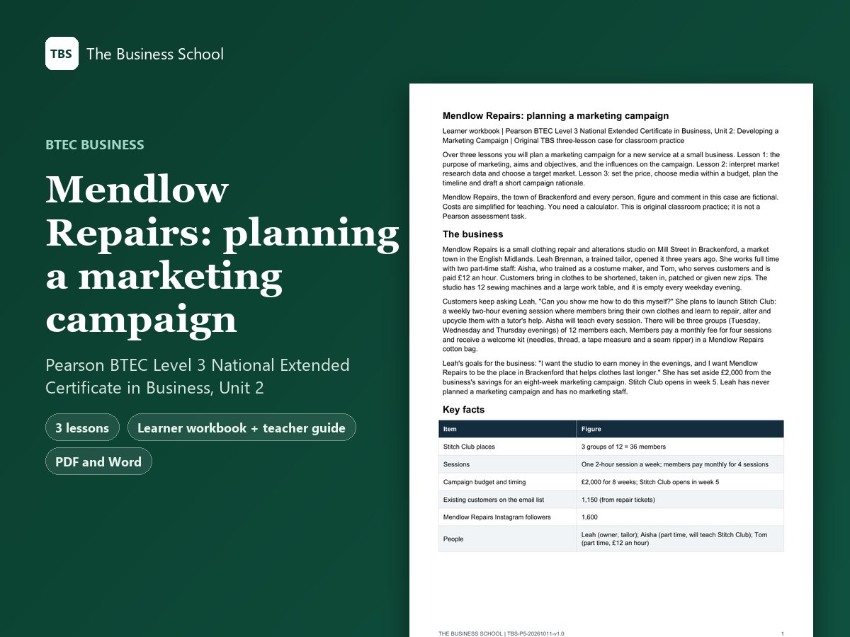 Cover: Mendlow Repairs: planning a marketing campaign, the first page of the learner workbook