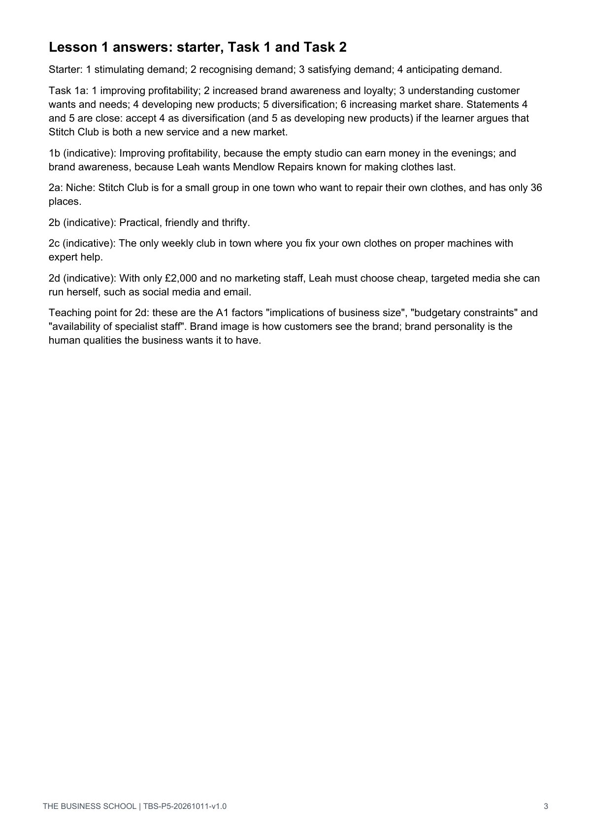 Teacher guide, page 3: Lesson 1 answers (starter, Tasks 1 and 2)
