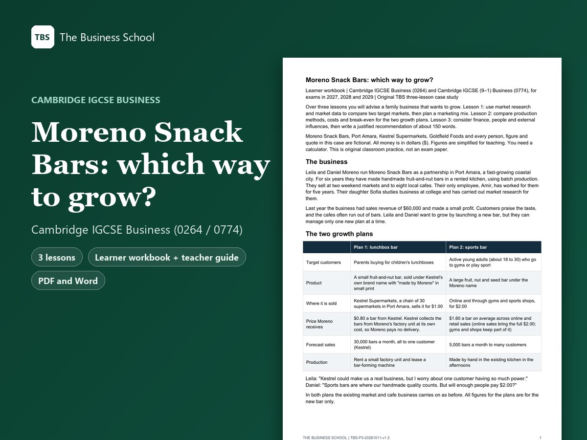 Cover: Moreno Snack Bars: which way to grow?, the first page of the learner workbook