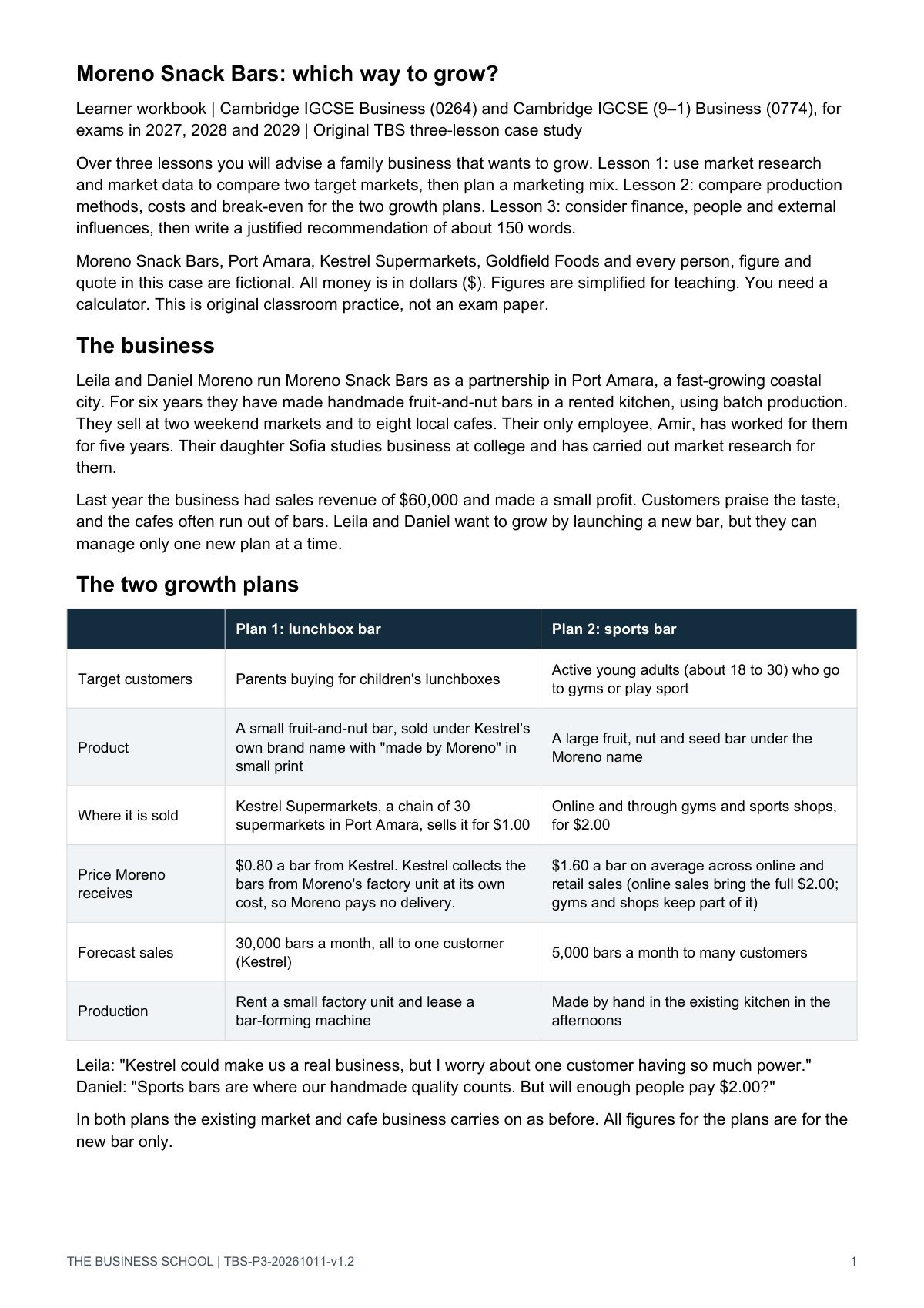 Page 1: the case and the two growth plans
