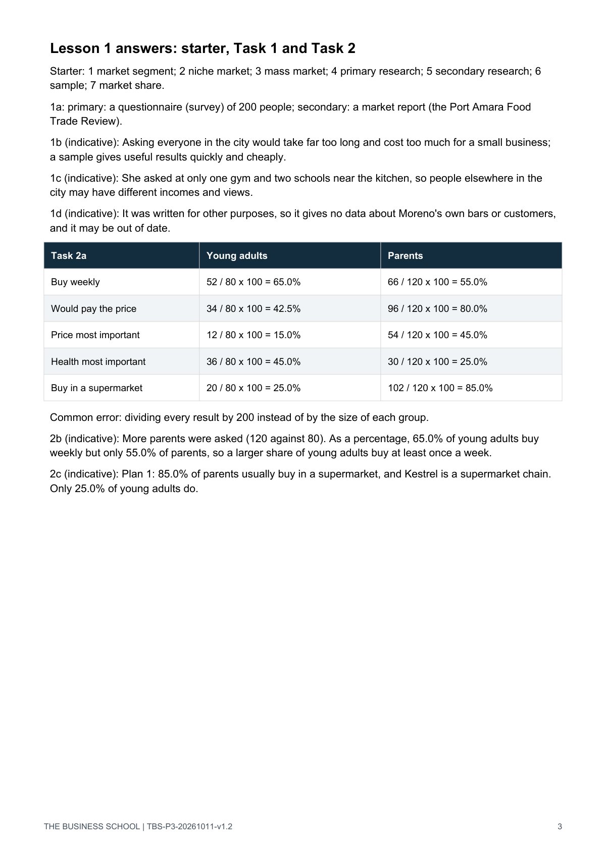 Teacher guide, page 3: Lesson 1 answers (starter, Tasks 1 and 2)