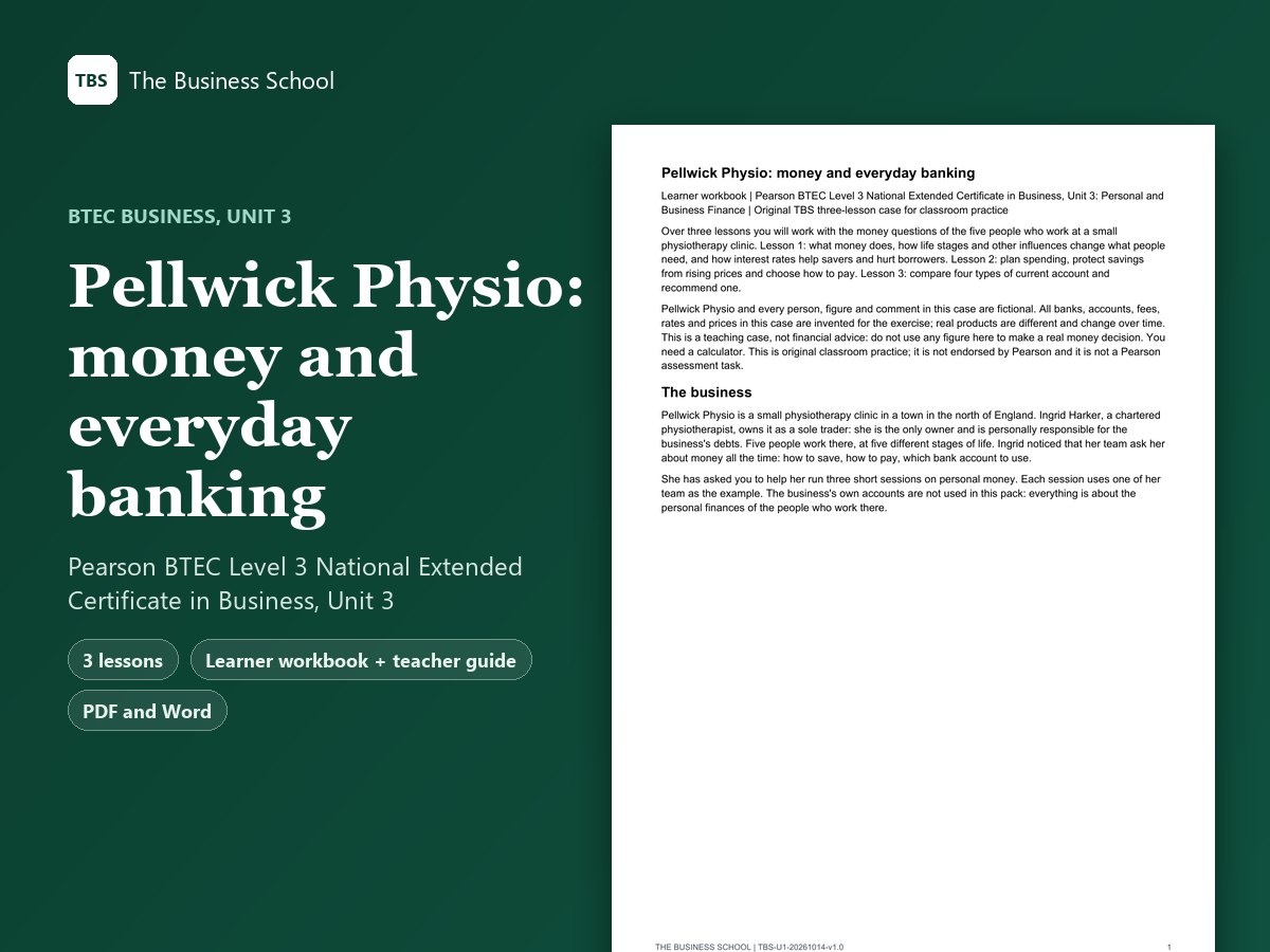 Cover: Pellwick Physio: money and everyday banking, the first page of the learner workbook