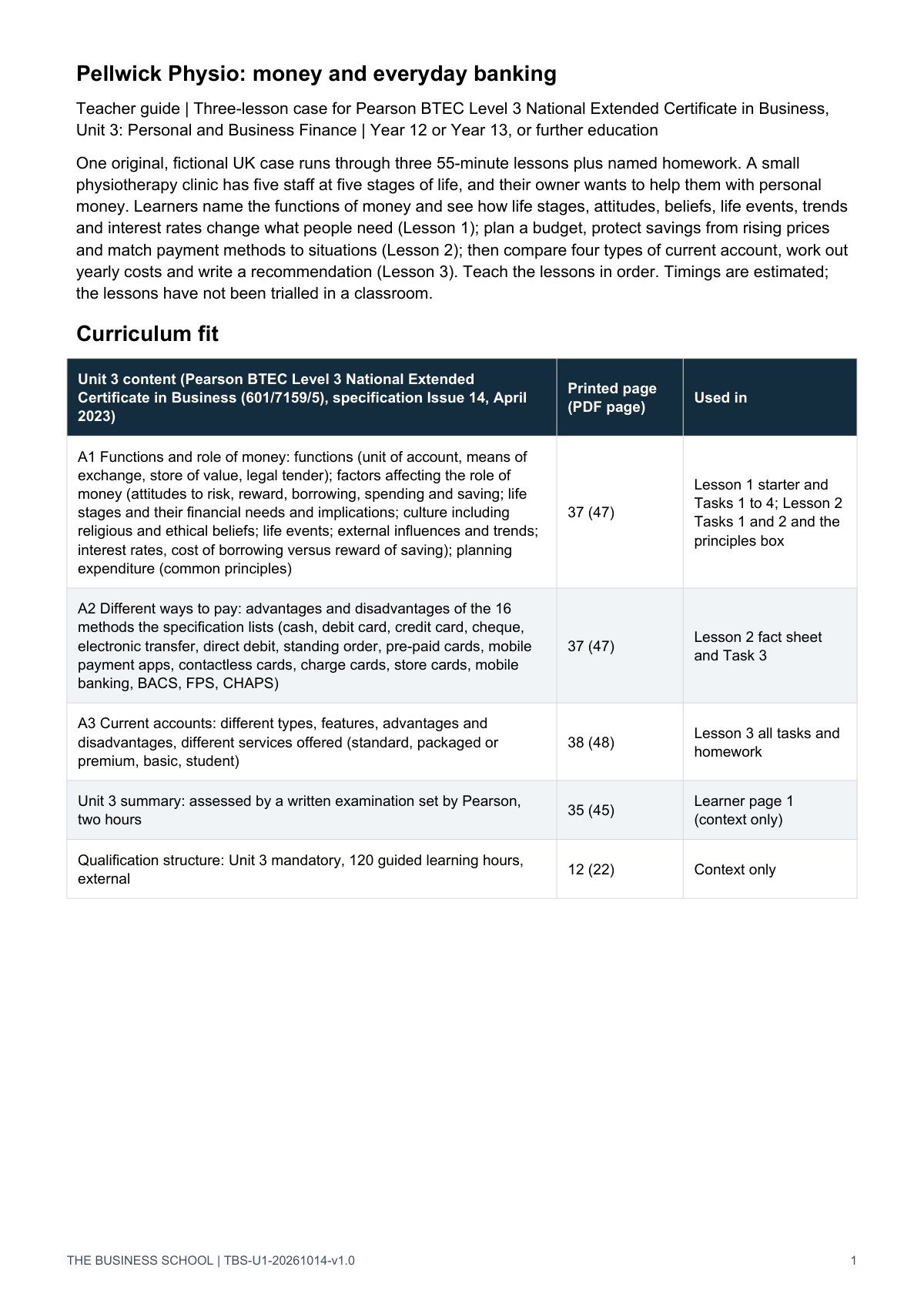 Teacher guide, page 1: curriculum fit and conventions