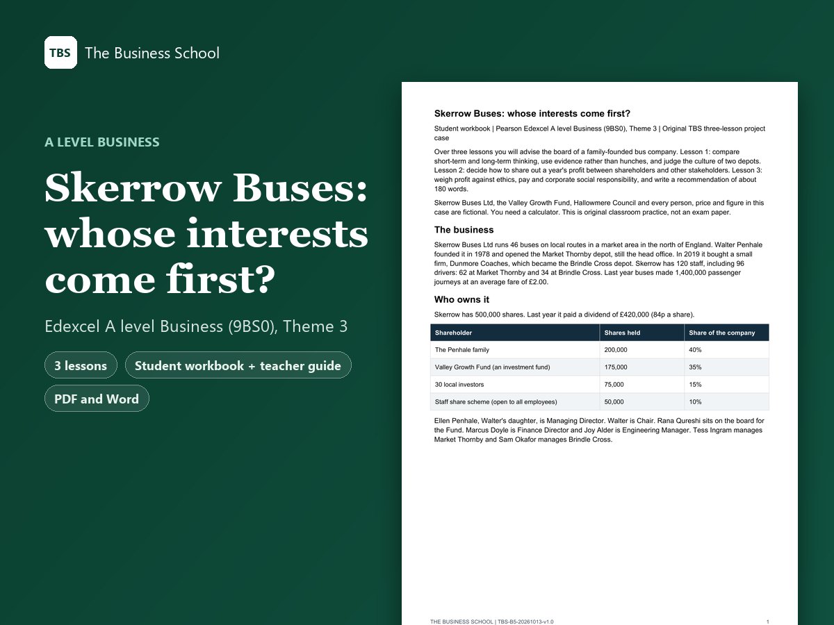 Cover: Skerrow Buses: whose interests come first?, the first page of the student workbook