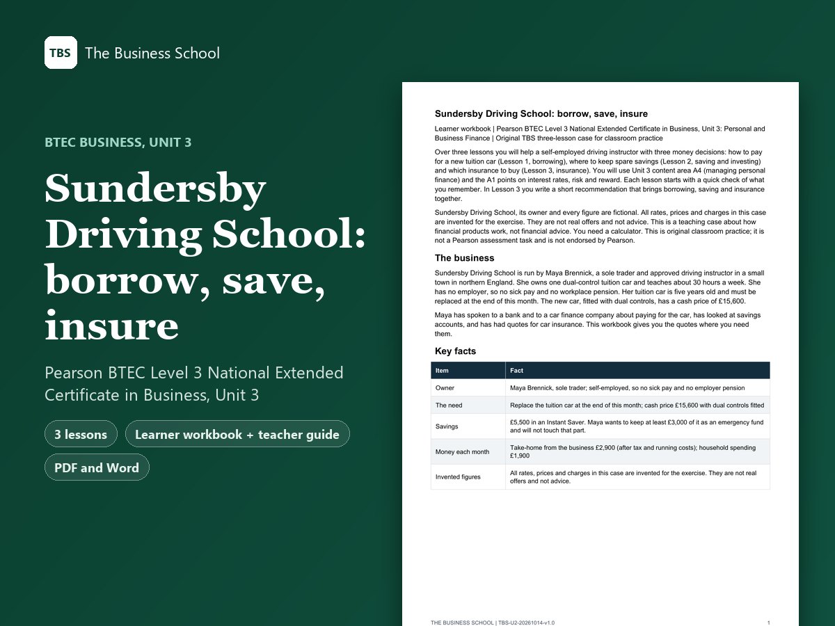 Cover: Sundersby Driving School: borrow, save, insure, the first page of the learner workbook