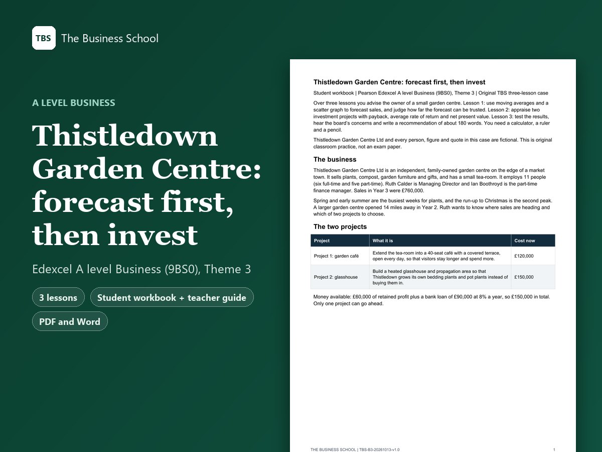 Cover: Thistledown Garden Centre: forecast first, then invest, the first page of the student workbook
