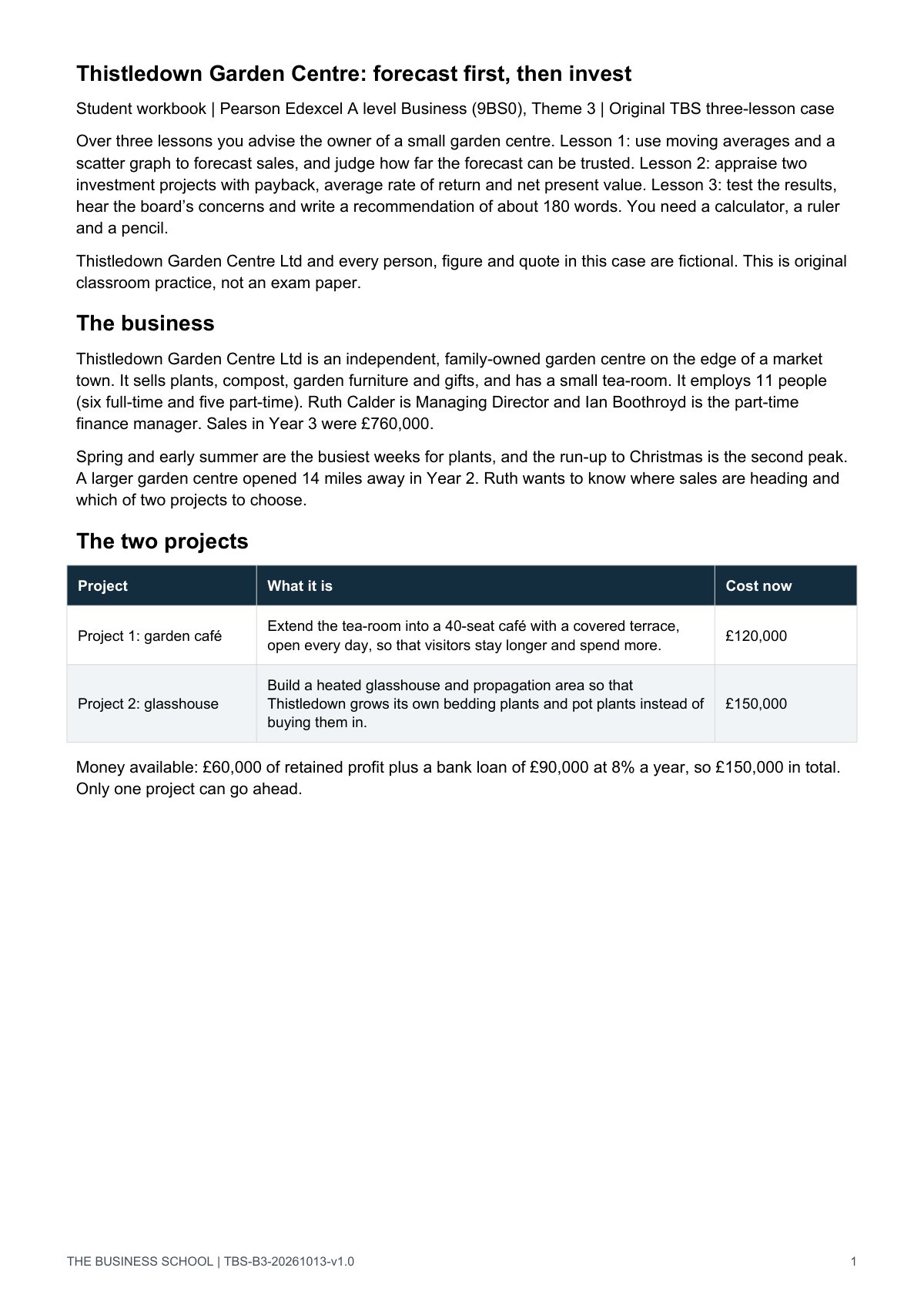 Page 1: the business and the two projects