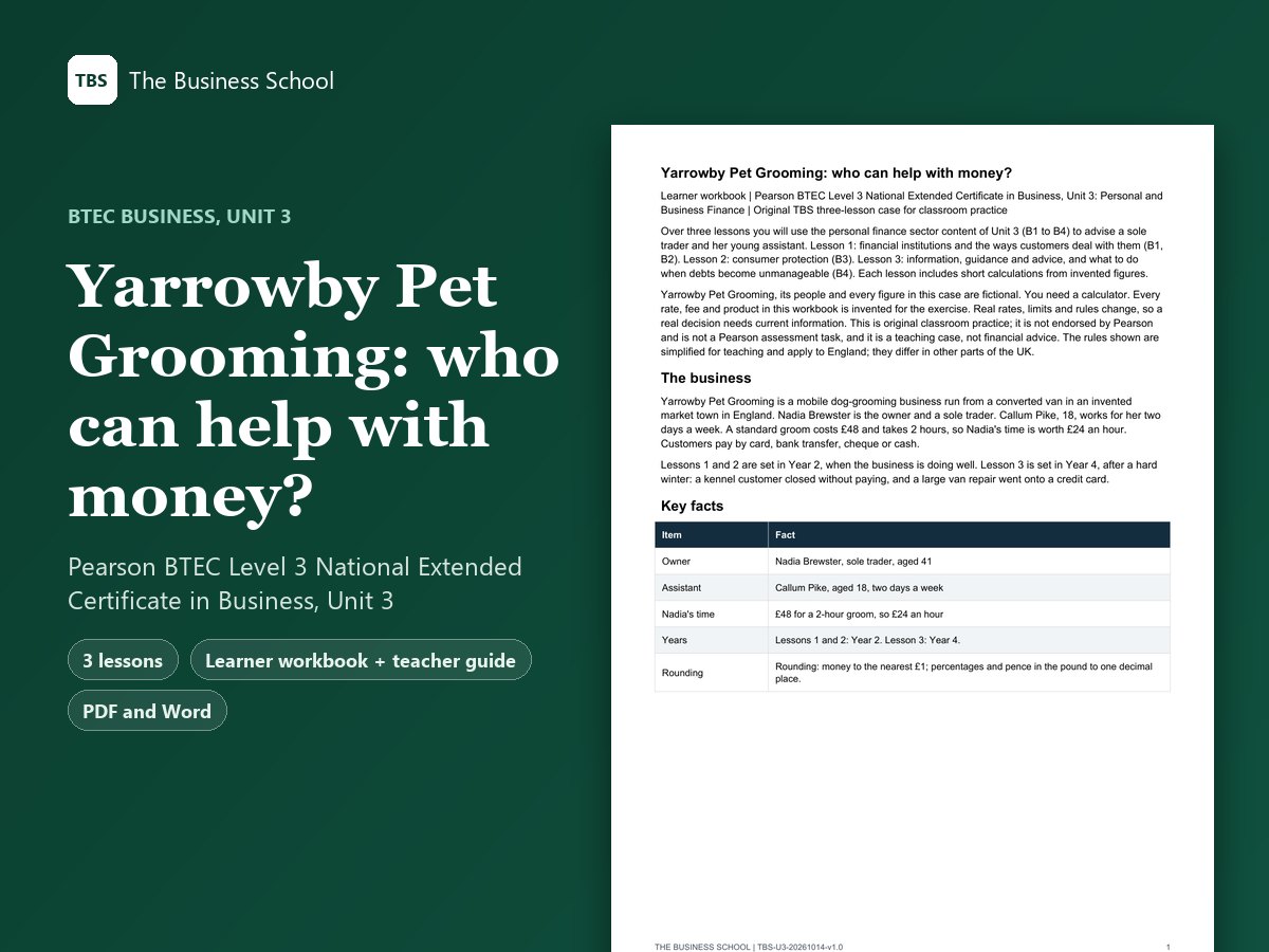 Cover: Yarrowby Pet Grooming: who can help with money?, the first page of the learner workbook