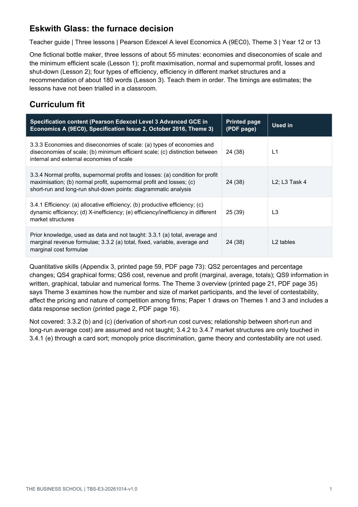 Teacher guide, page 1: curriculum fit