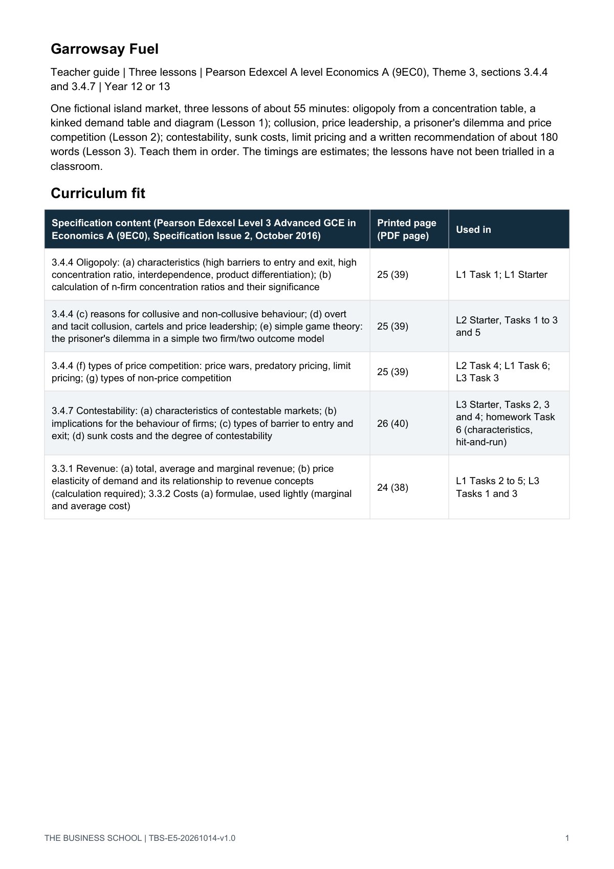 Teacher guide, page 1: curriculum fit