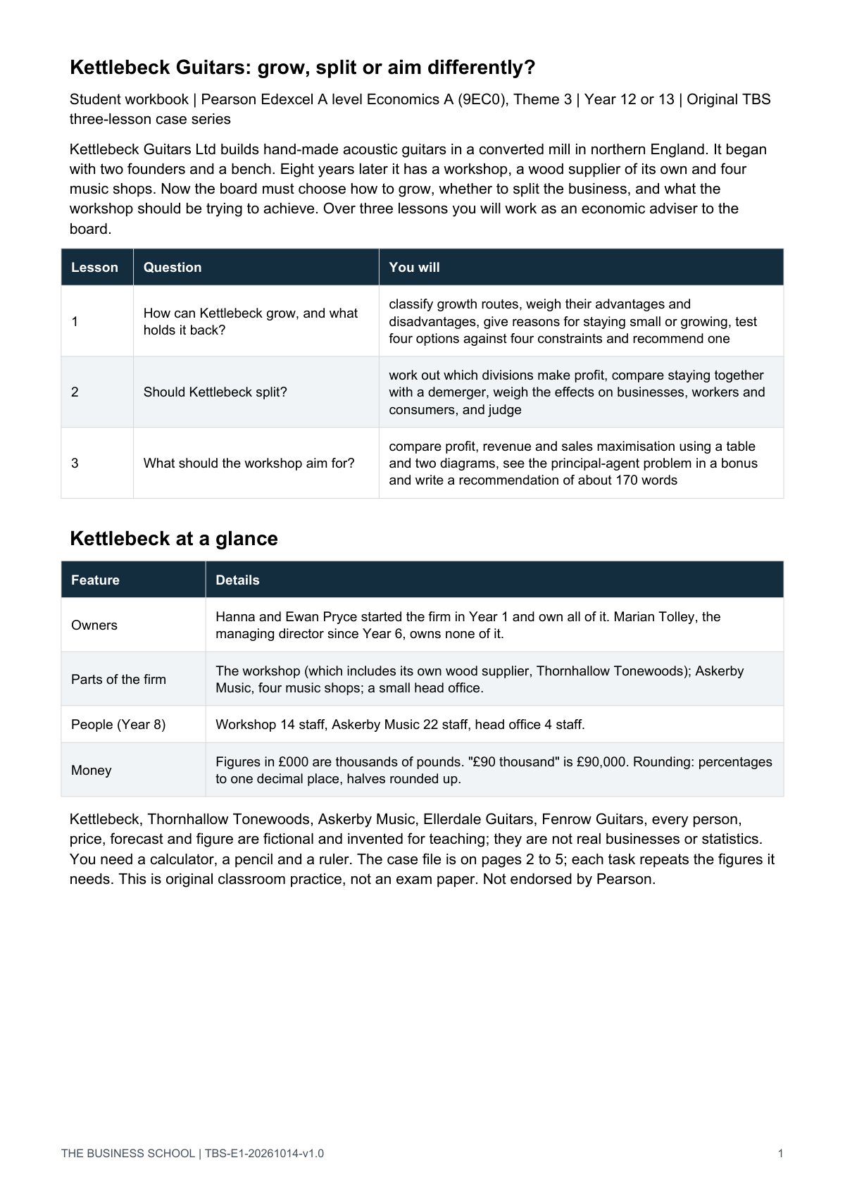 Page 1: the story and the three-lesson outline
