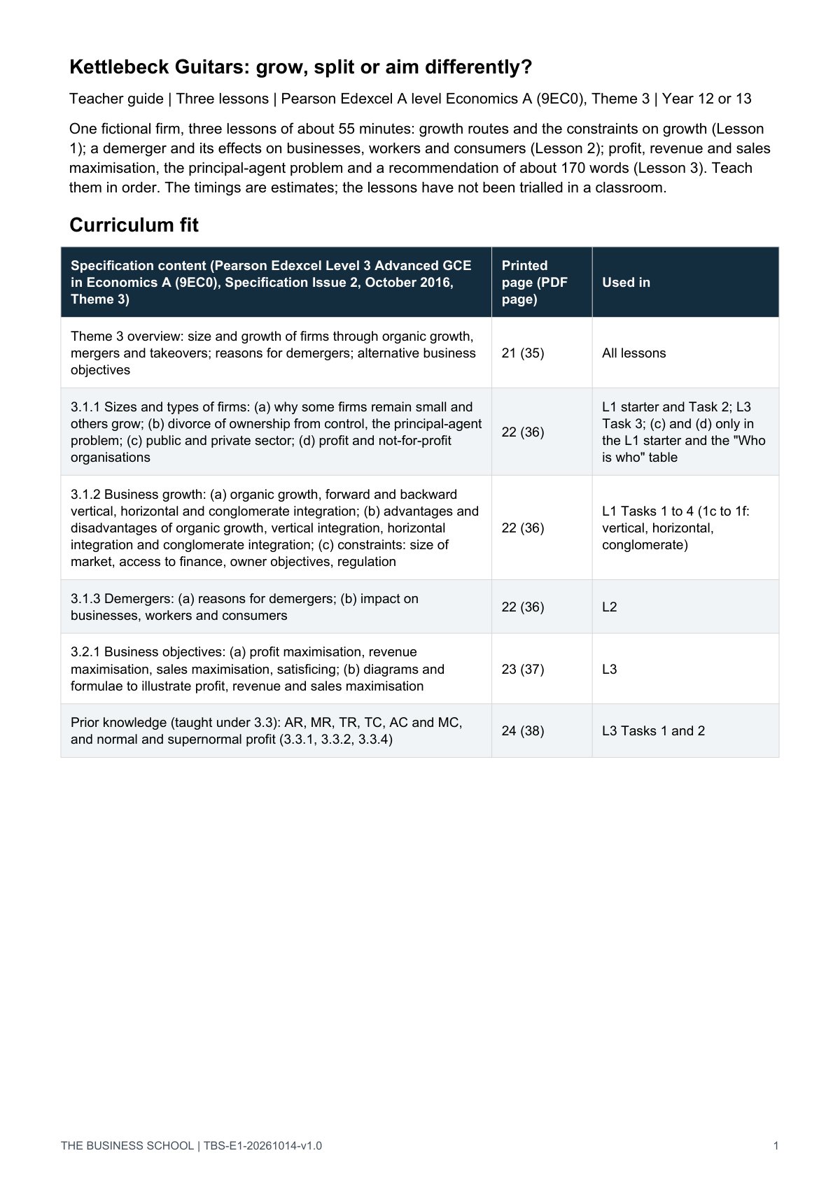 Teacher guide, page 1: curriculum fit