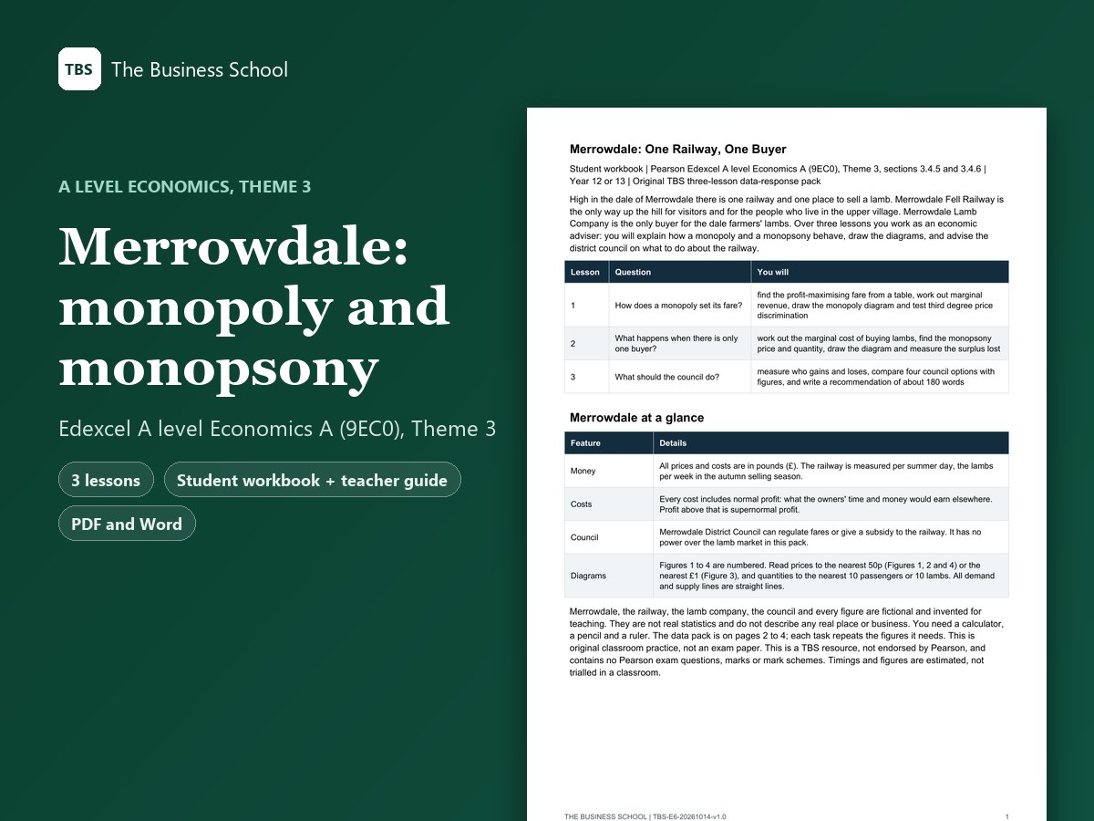 Cover: Merrowdale: monopoly and monopsony, the first page of the student workbook