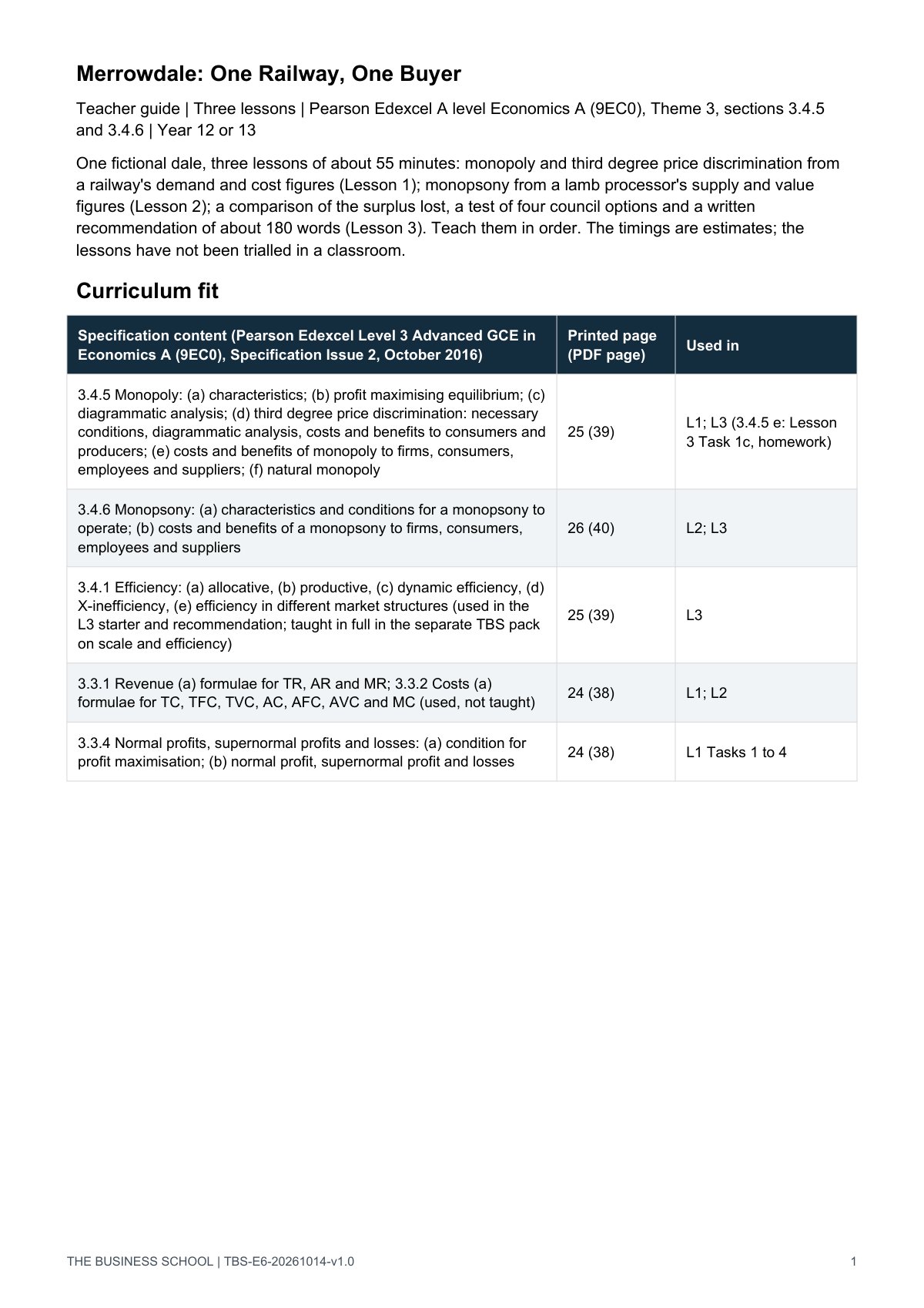 Teacher guide, page 1: curriculum fit