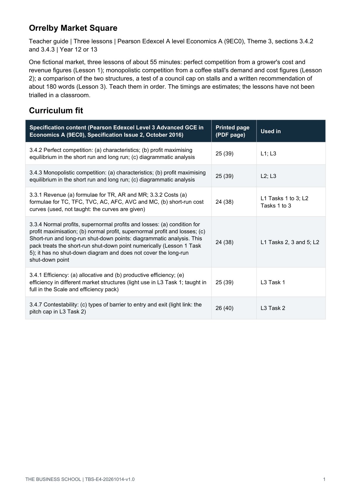 Teacher guide, page 1: curriculum fit
