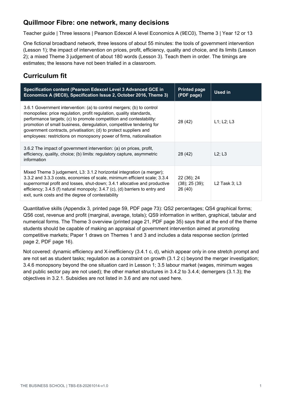 Teacher guide, page 1: curriculum fit