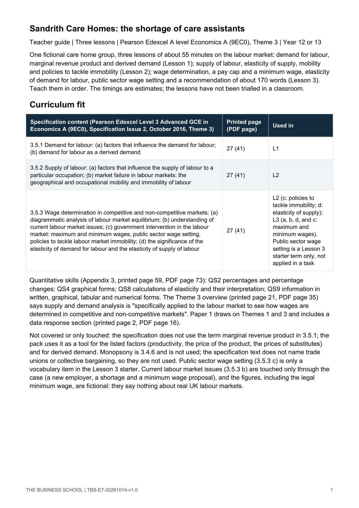 Teacher guide, page 1: curriculum fit