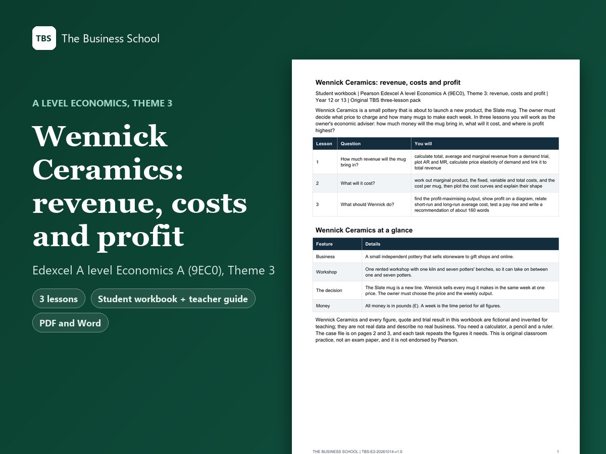 Cover: Wennick Ceramics: revenue, costs and profit, the first page of the student workbook