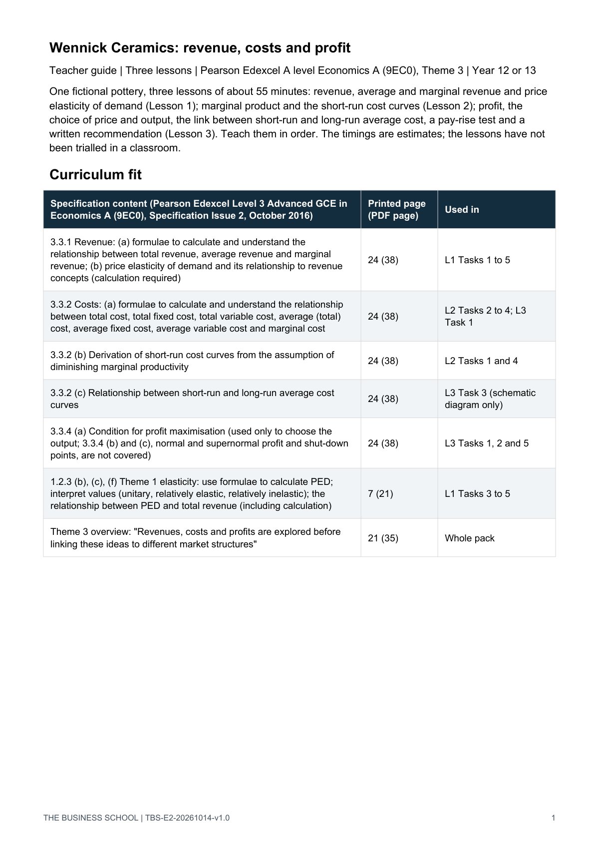 Teacher guide, page 1: curriculum fit
