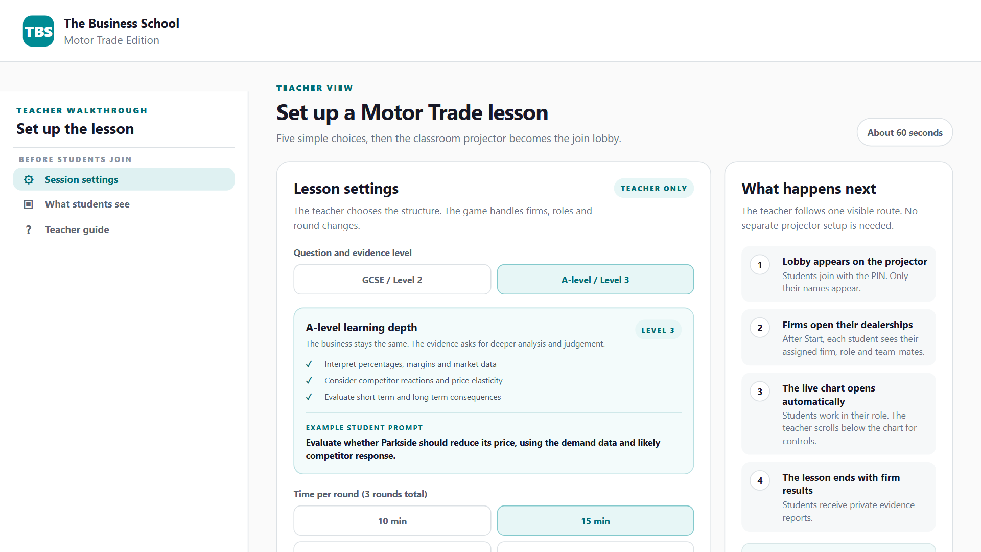 Teacher session setup with the GCSE and A-level chooser and the round length