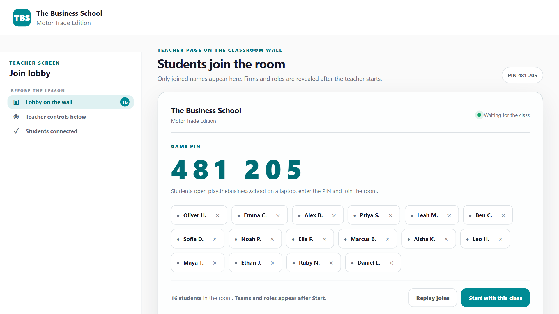 Join lobby showing the game PIN and the students who have joined the room