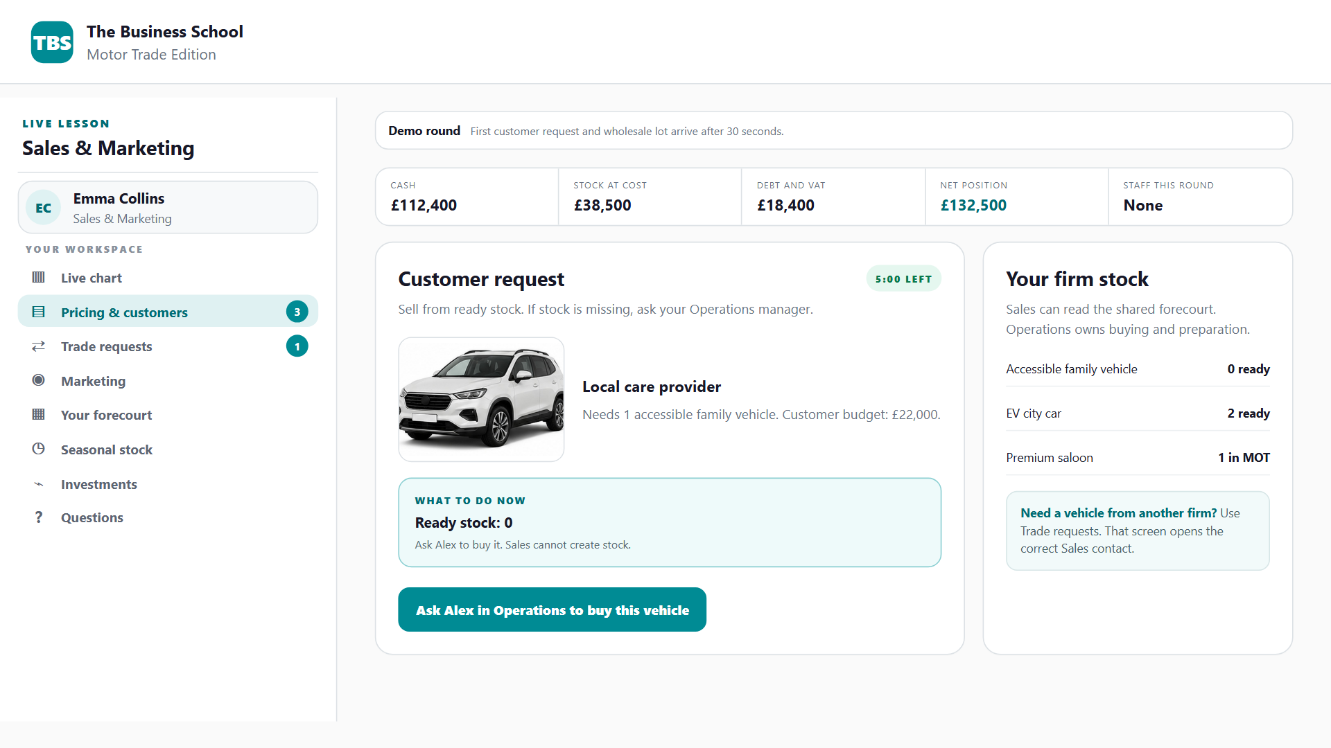 Sales sheet with a live customer request and a countdown