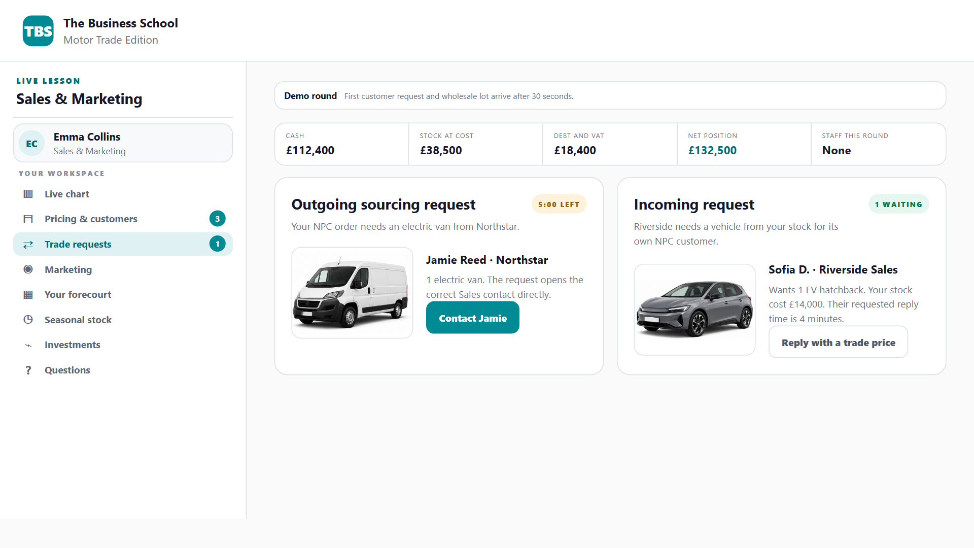 Trade request naming the Sales contact at a rival dealership