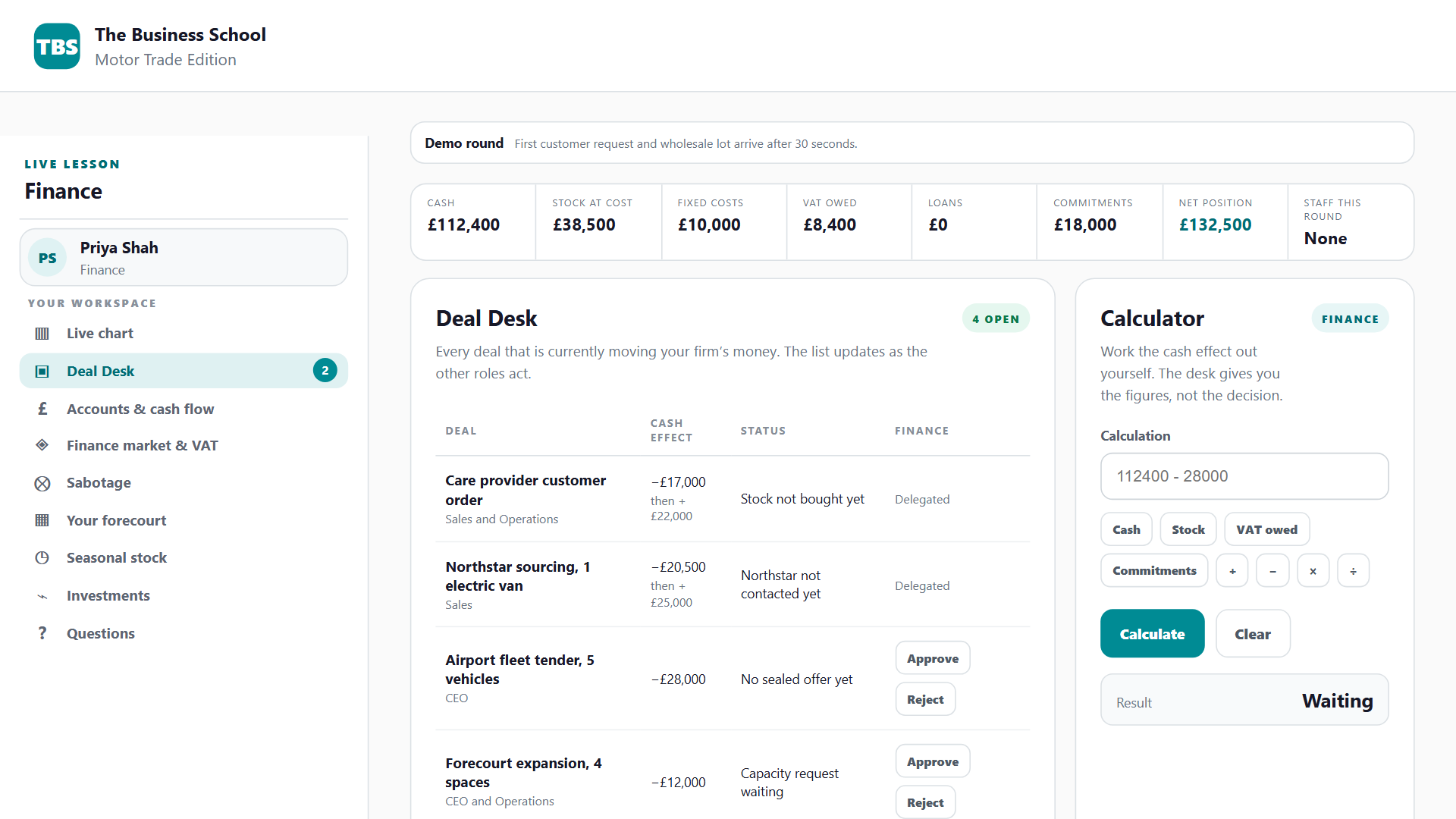Finance deal desk with cash effects, approvals and a calculator