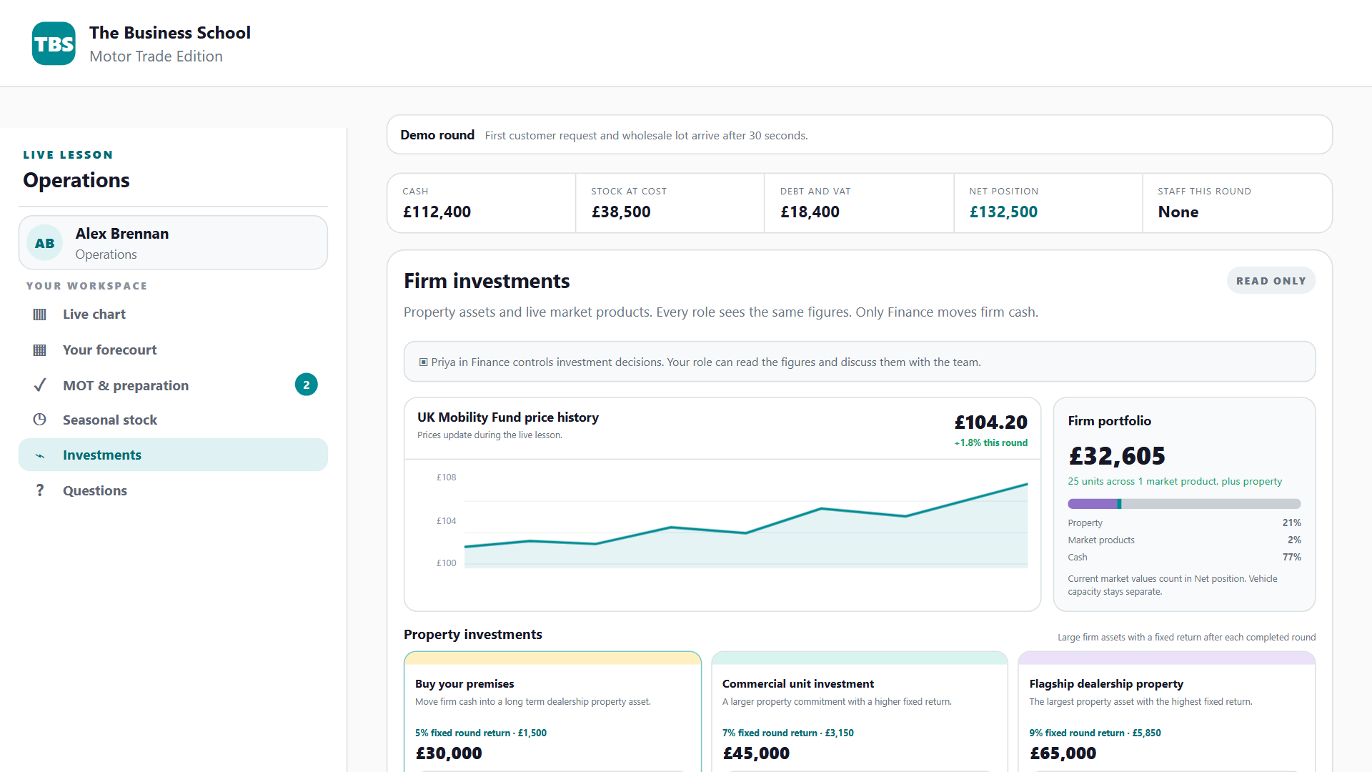 Investment markets with live prices and a portfolio