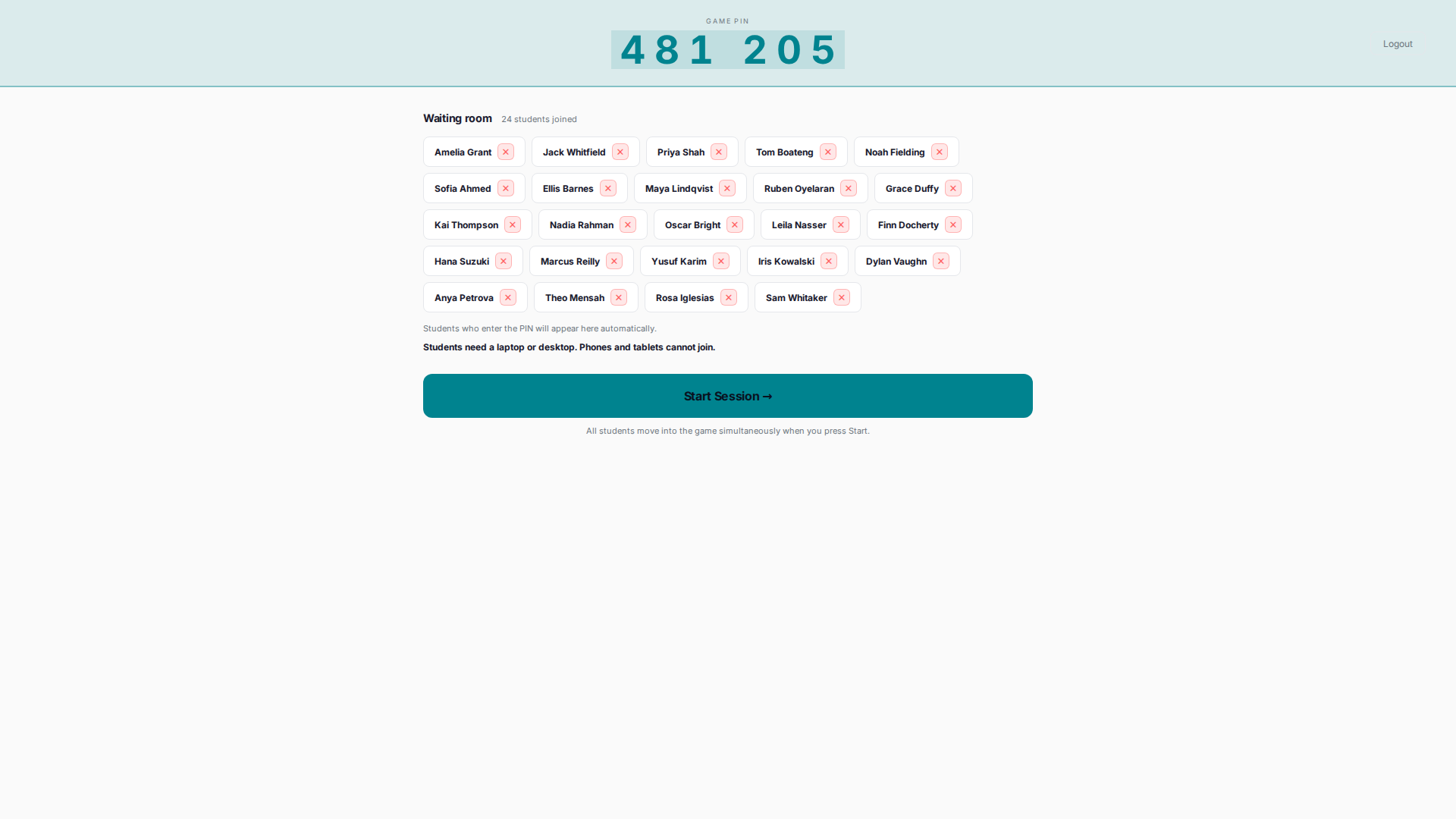 The teacher's waiting room with the game PIN at the top and the names of the students who have joined