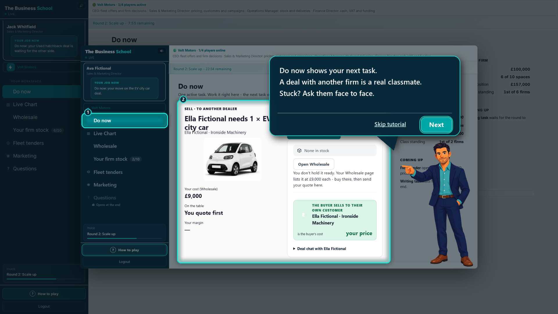 The first tutorial slide on a Sales and Marketing student's screen: a guide in a suit explains that Do now shows your next task, with Skip tutorial and Next buttons