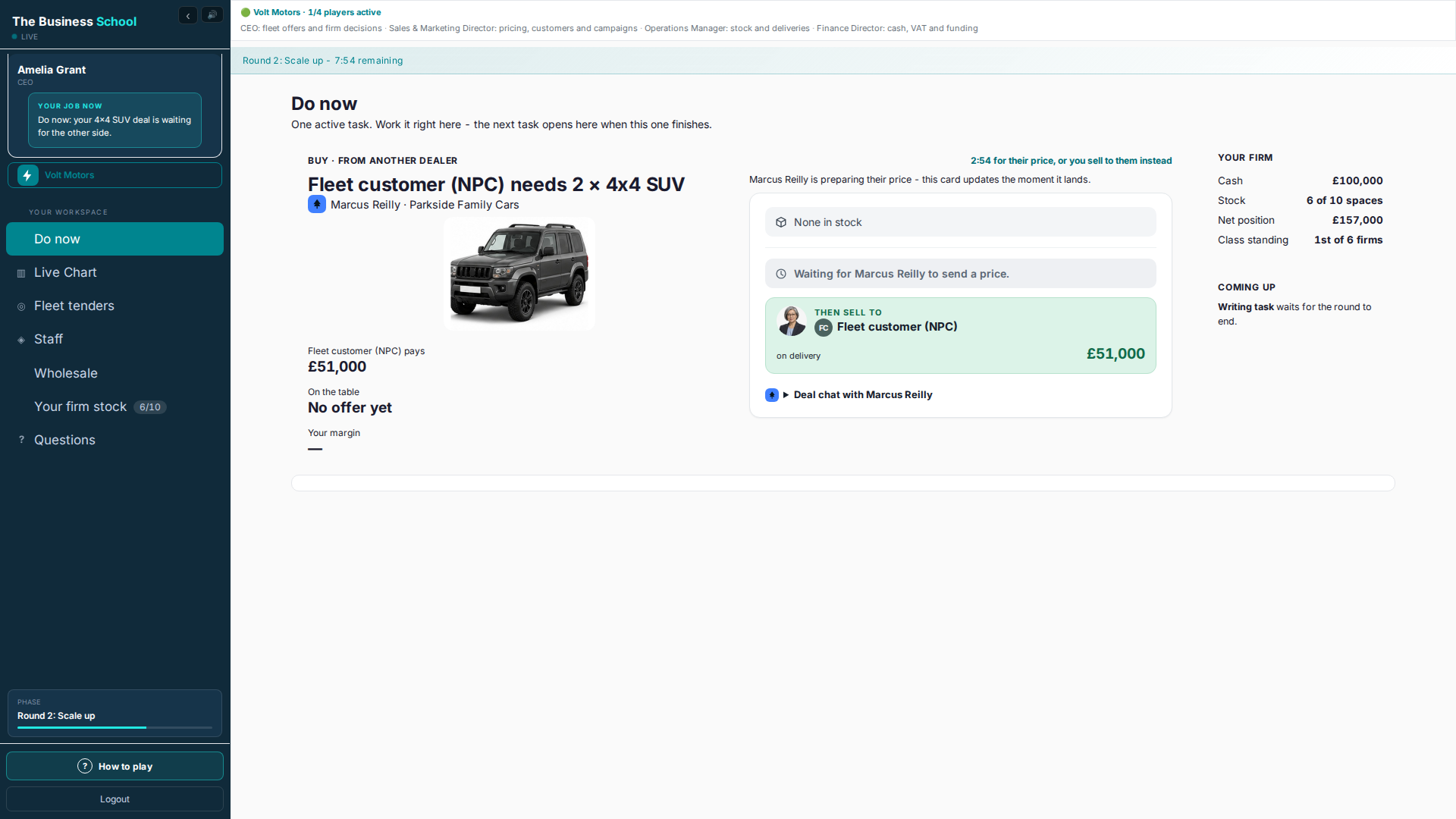 A Do now card: a fleet customer needs two 4x4 SUVs, the firm has none in stock and waits for a rival dealer to send a price
