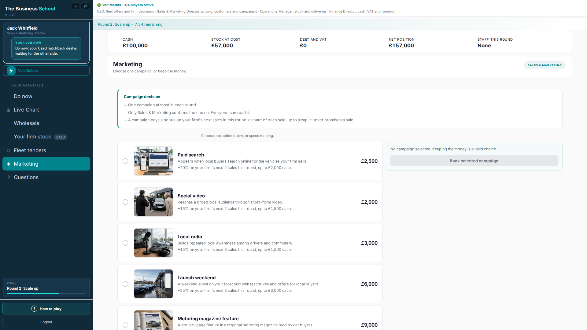 Marketing page with campaigns from paid search to a motoring magazine feature, each with its price and its bonus on the firm's next sales