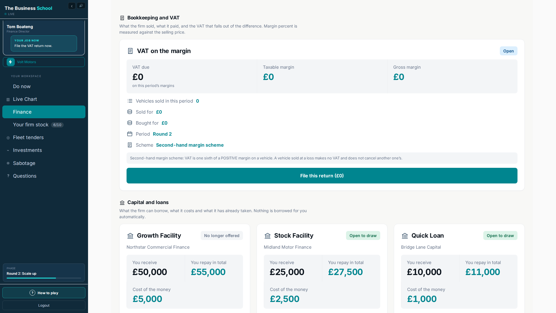 Finance page with the VAT return on the second-hand margin scheme and the three loans below it
