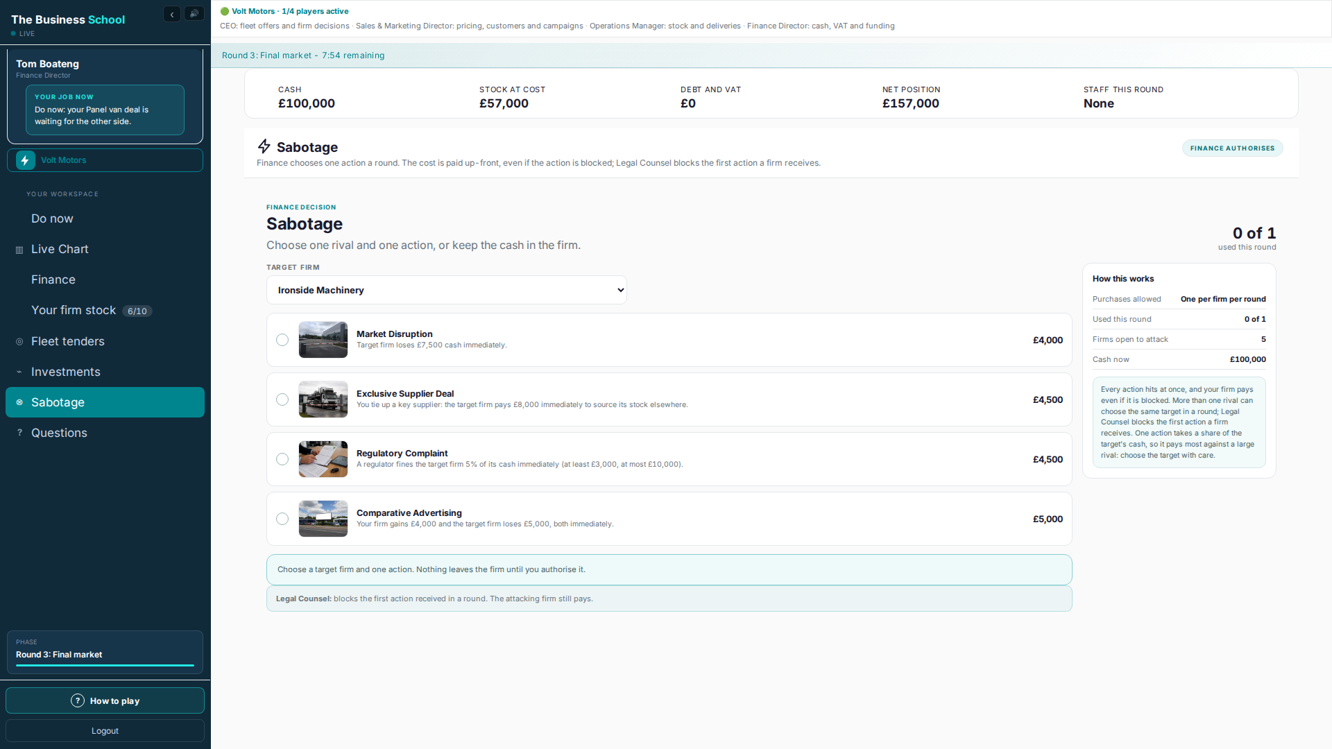 Sabotage page with four costed actions and a target firm