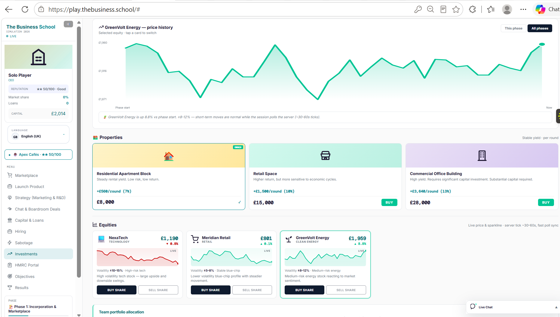Investments screen: live share price history, properties and equities with buy and sell actions